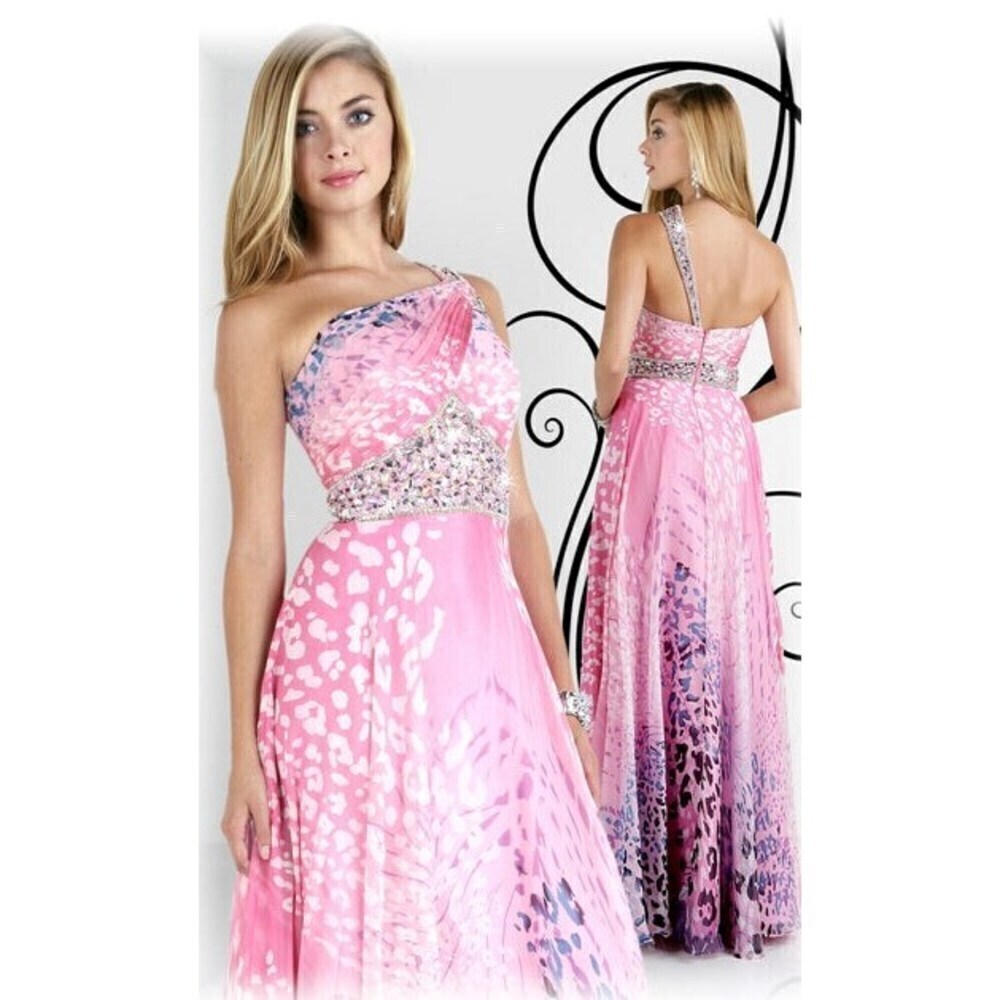 Xcite Prom Leopard Chiffon Print Grad Dress 30248 Pink/Multi